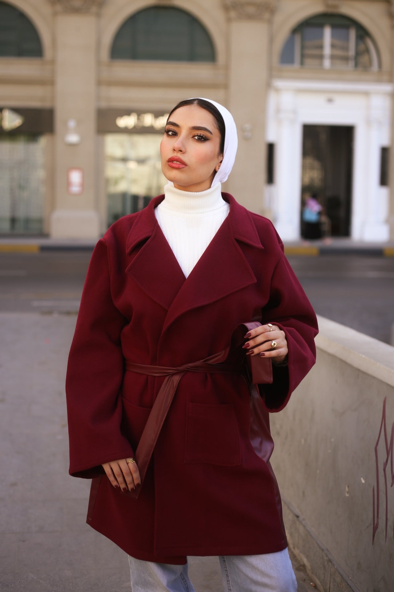 Burgundy Wool Coat with leather-Style Details