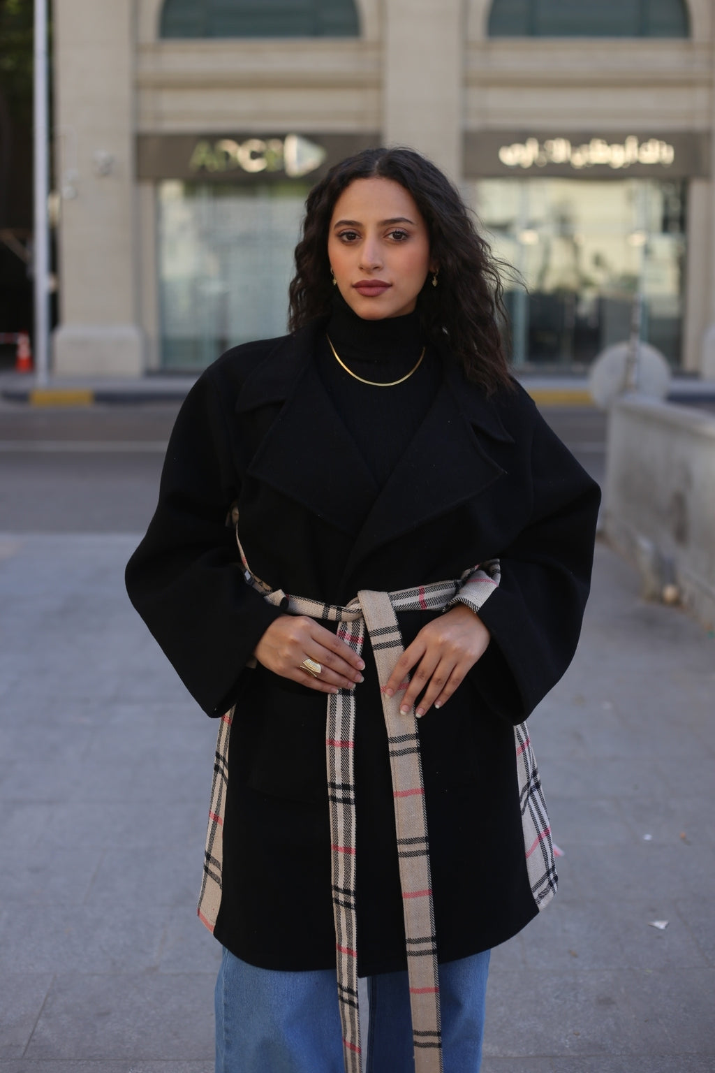 Black Wool Coat with Burberry-Style Details