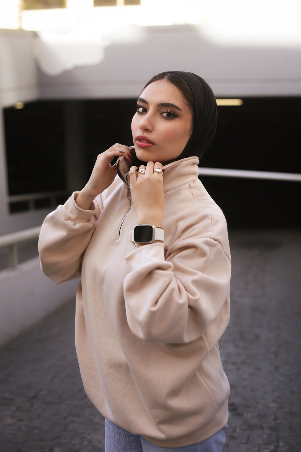 Beige High-Neck Hoodie