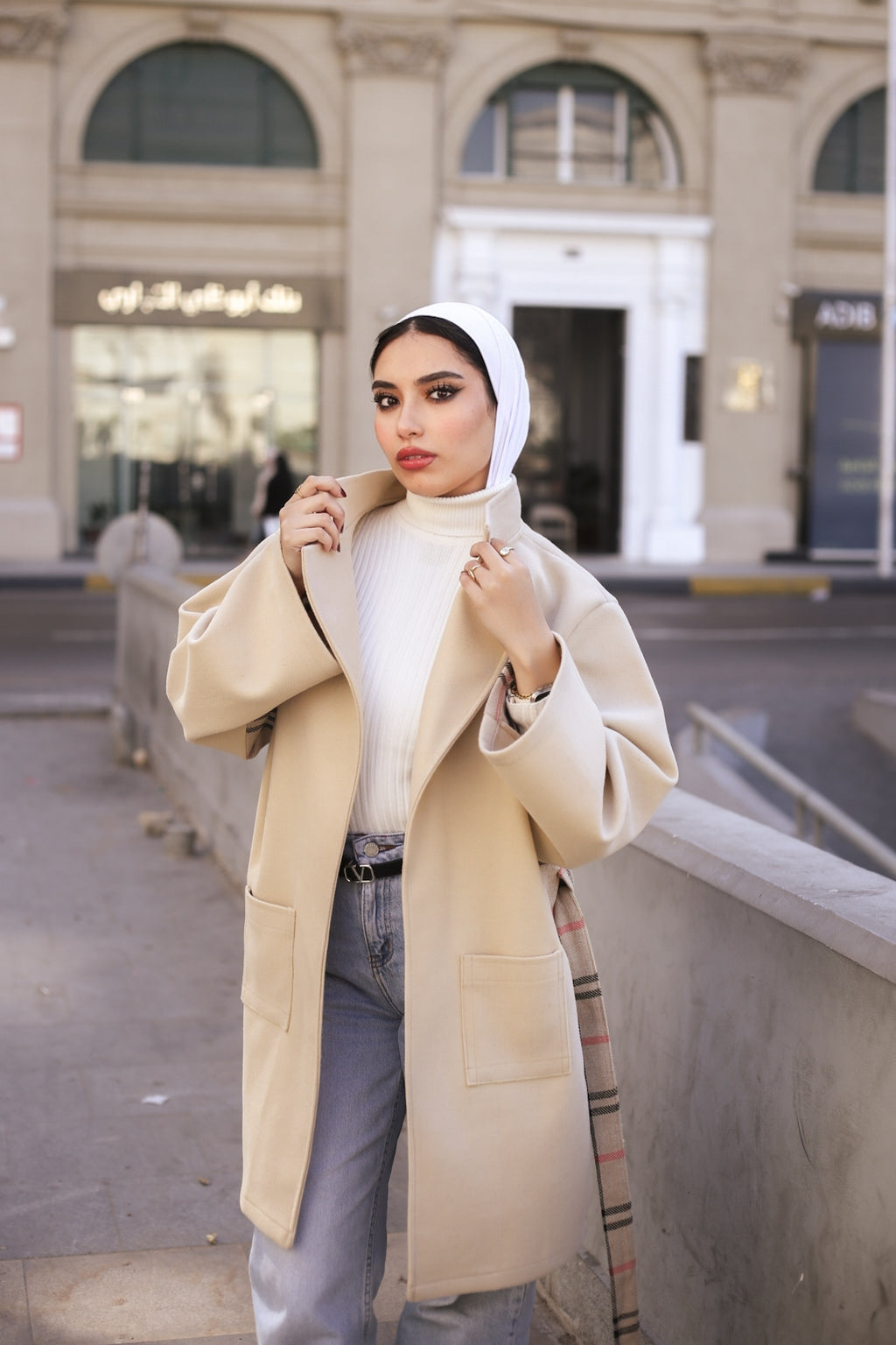 Beige Wool Coat with Burberry-Style Details