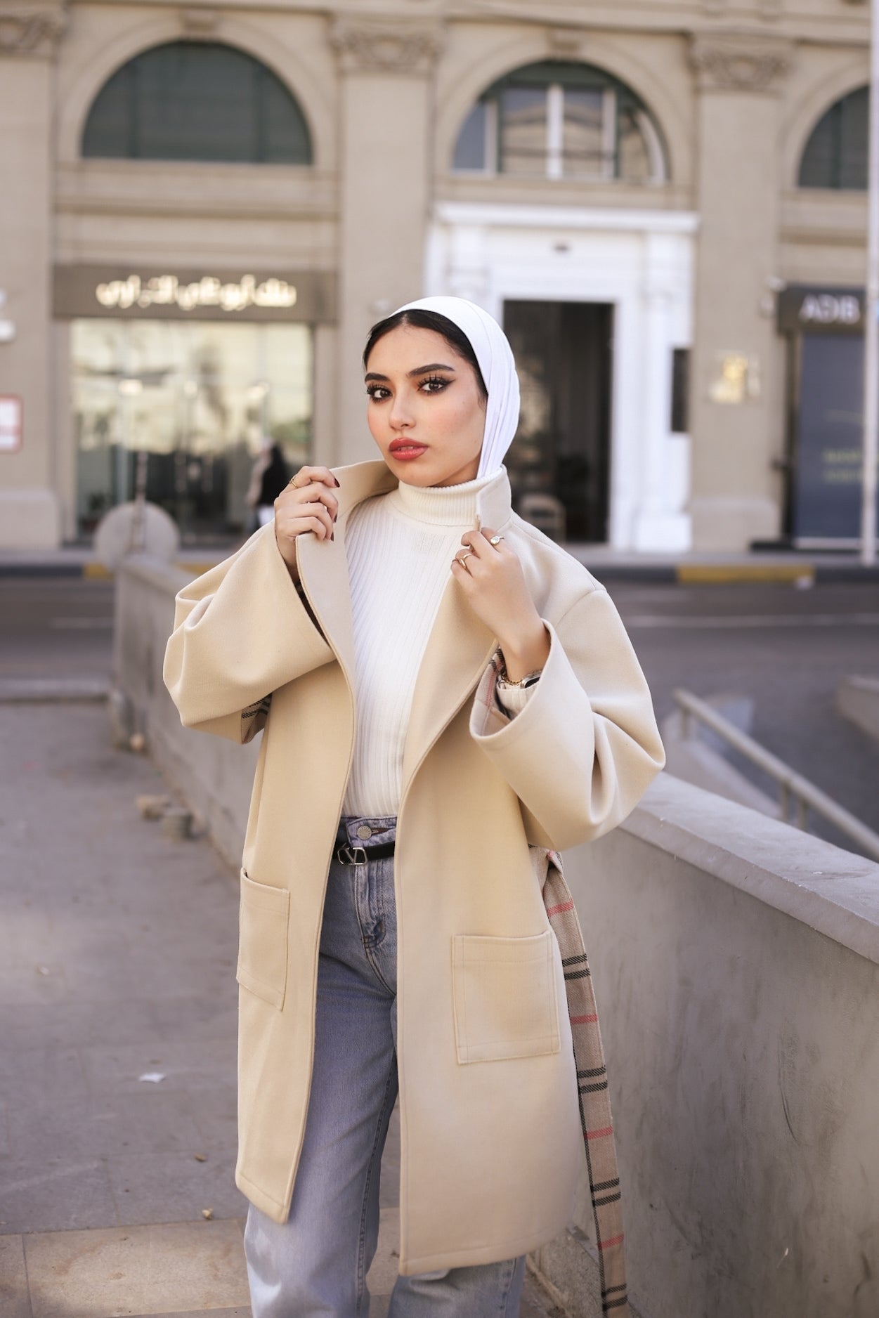 Beige Wool Coat with Burberry-Style Details