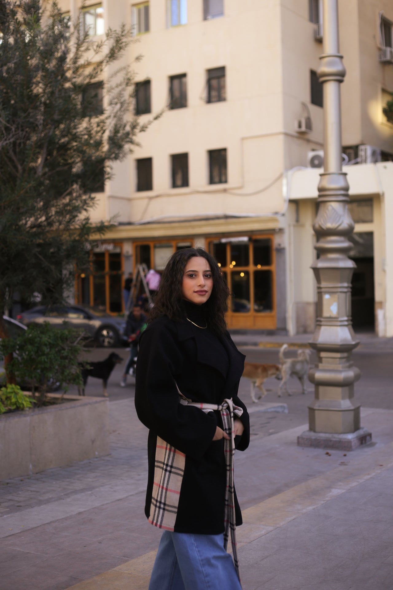 Black Wool Coat with Burberry-Style Details