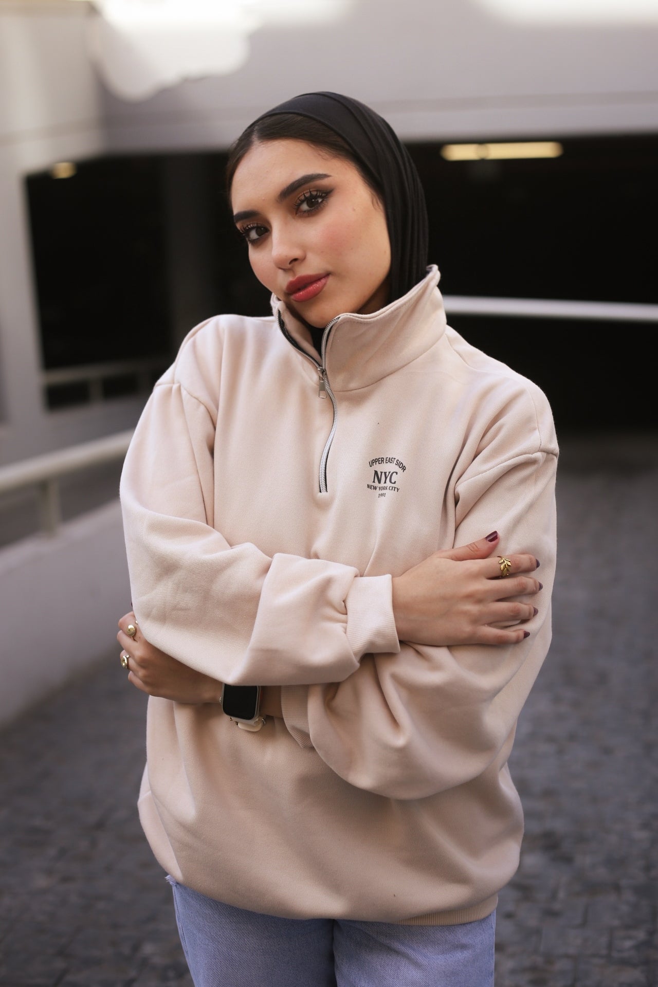 Beige High-Neck Hoodie