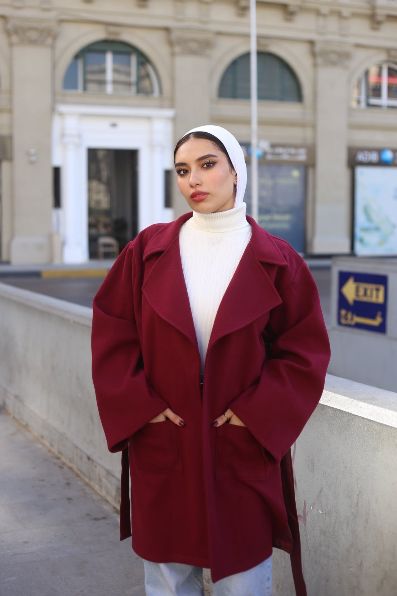 Burgundy Wool Coat with leather-Style Details