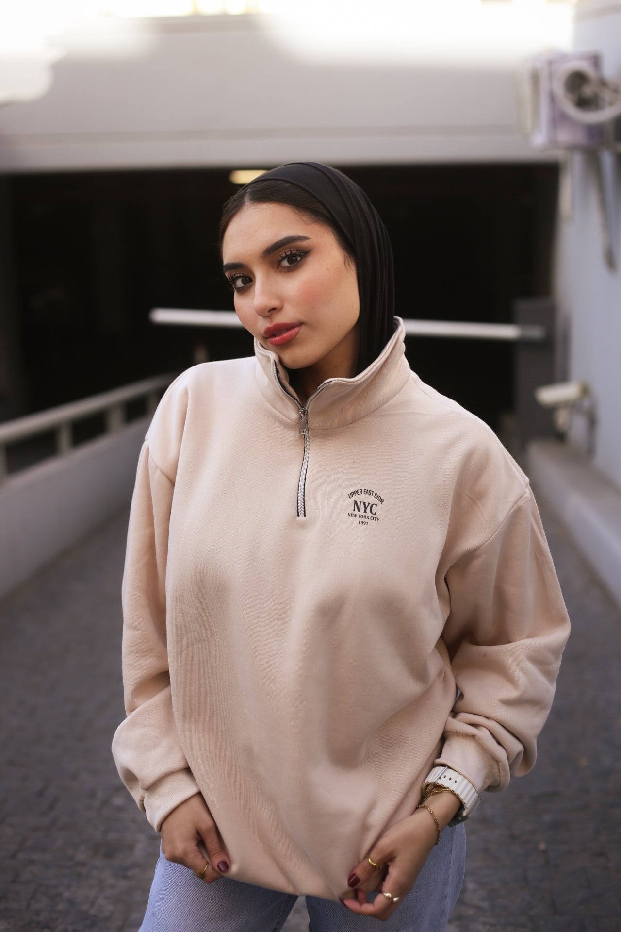Beige High-Neck Hoodie