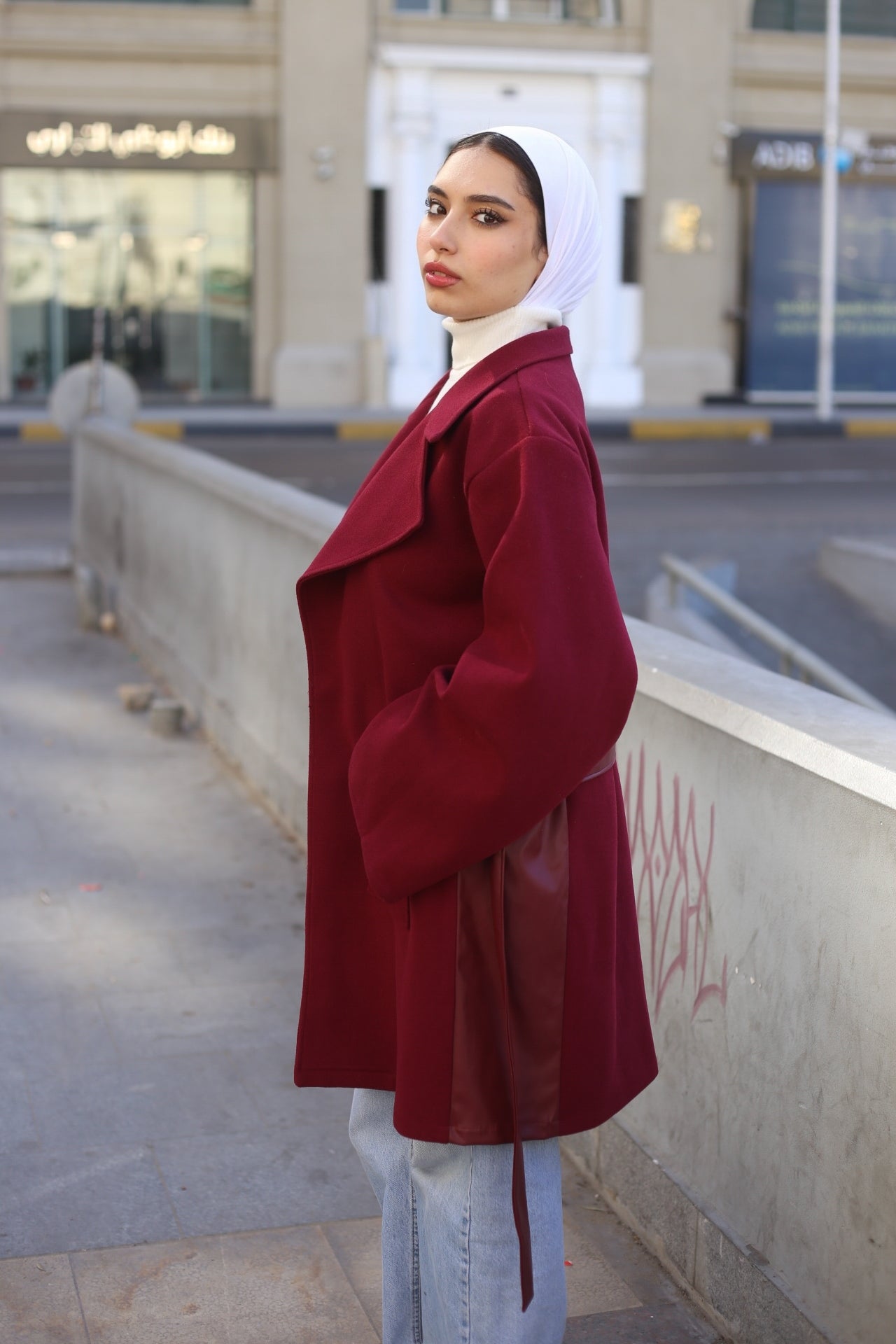 Burgundy Wool Coat with leather-Style Details