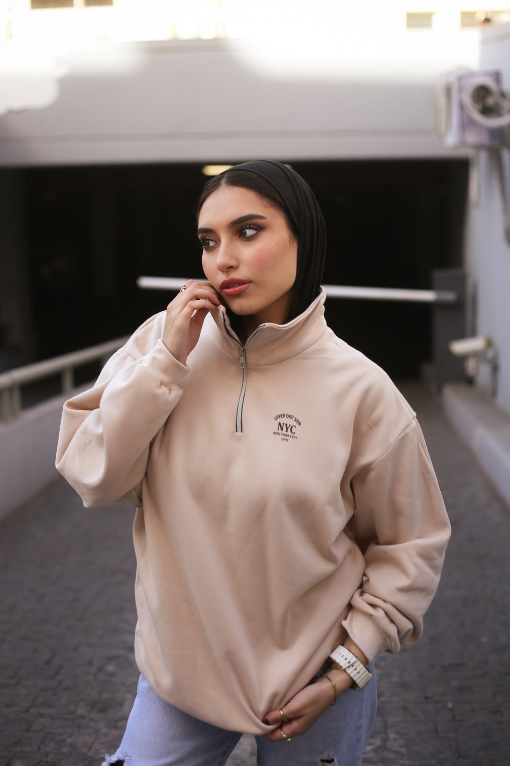 Beige High-Neck Hoodie