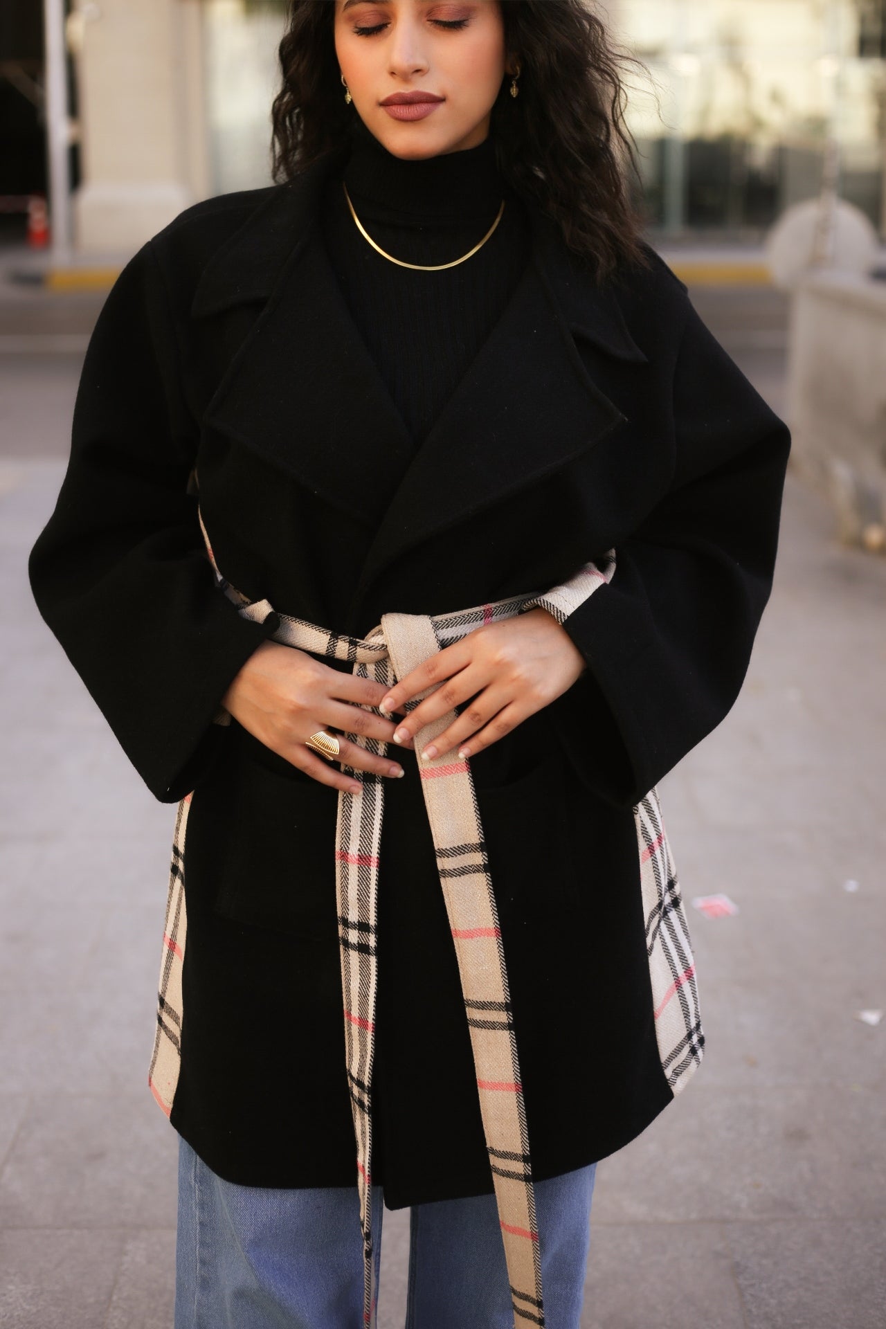 Black Wool Coat with Burberry-Style Details