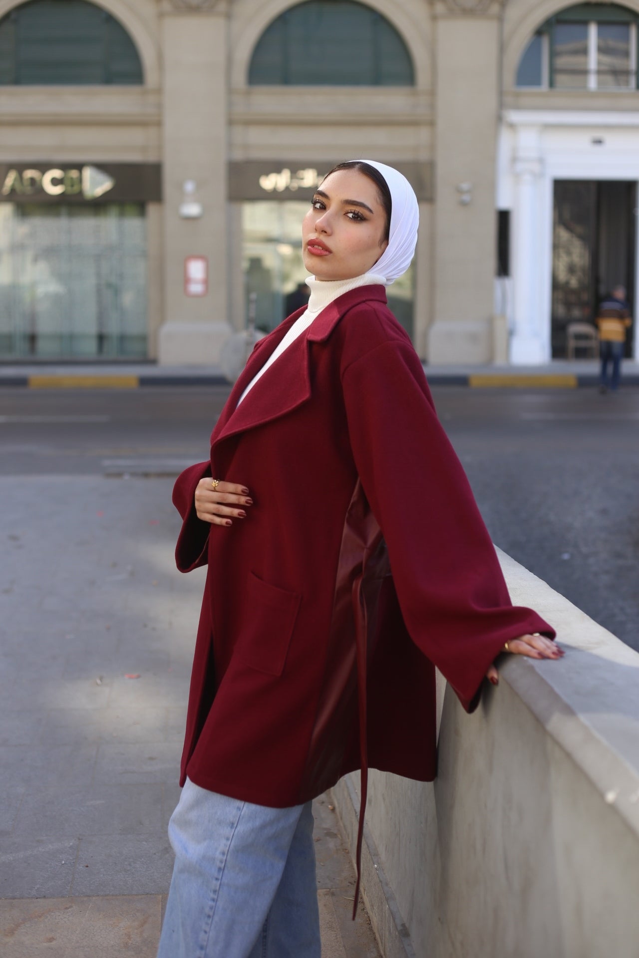 Burgundy Wool Coat with leather-Style Details