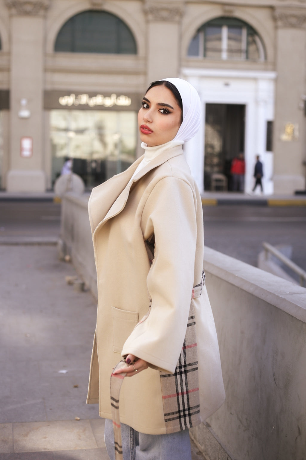 Beige Wool Coat with Burberry-Style Details