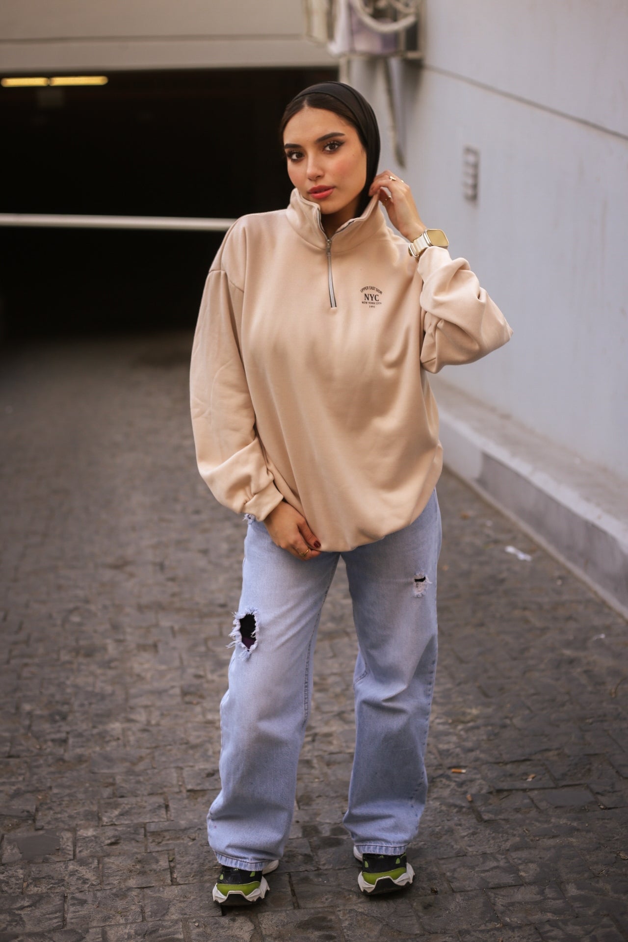 Beige High-Neck Hoodie