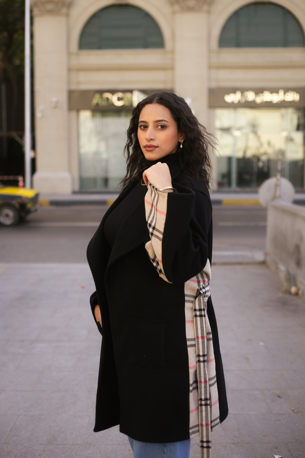 Black Wool Coat with Burberry-Style Details