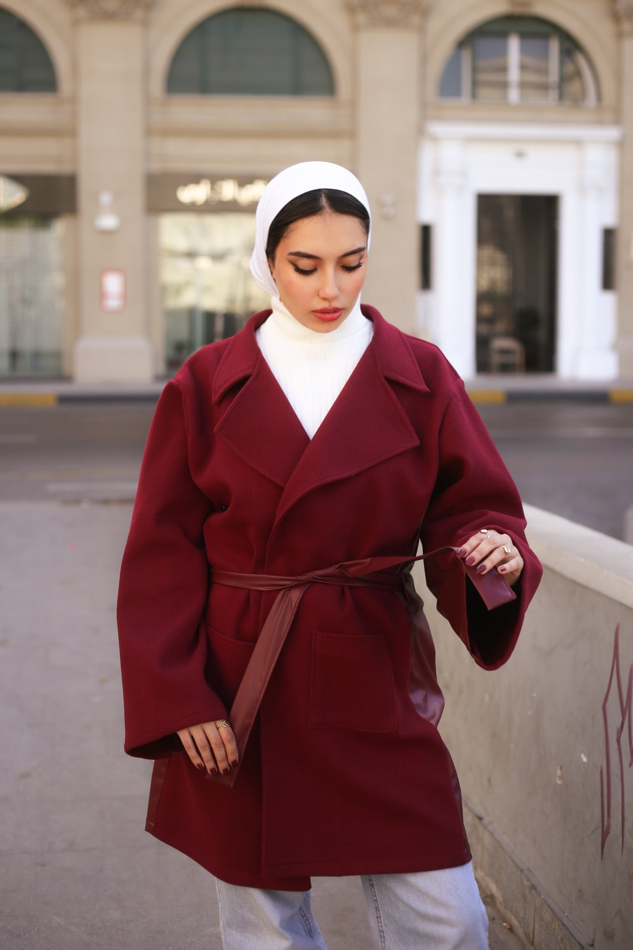 Burgundy Wool Coat with leather-Style Details