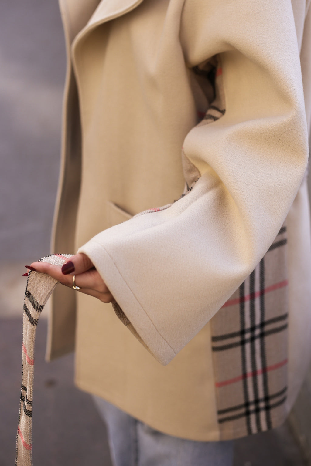 Beige Wool Coat with Burberry-Style Details