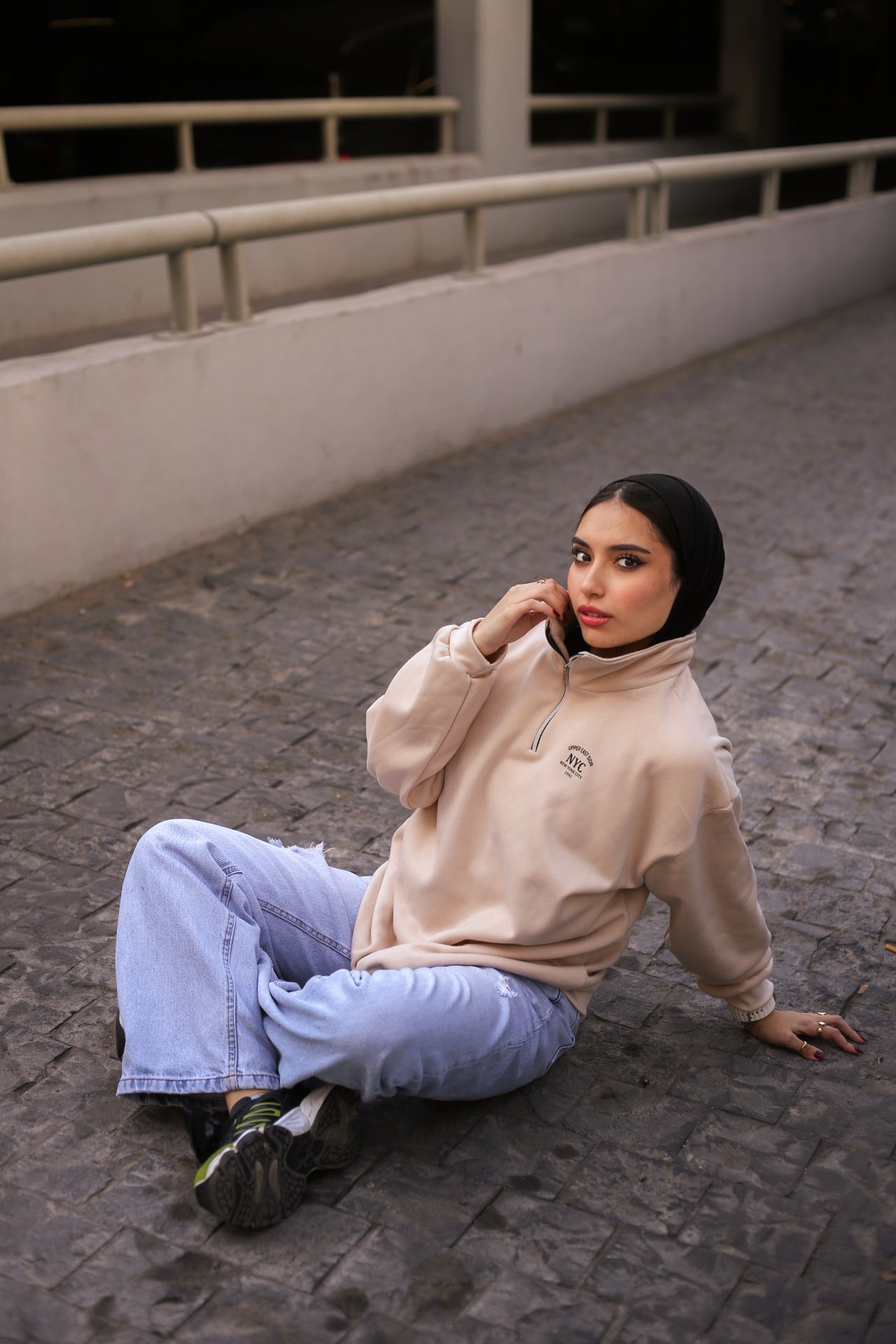 Beige High-Neck Hoodie