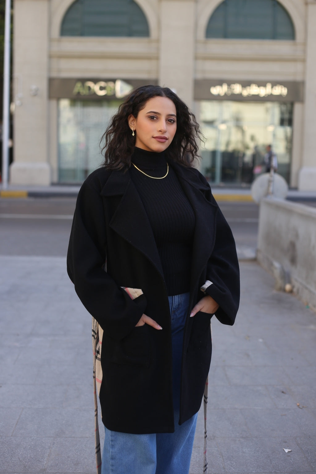 Black Wool Coat with Burberry-Style Details