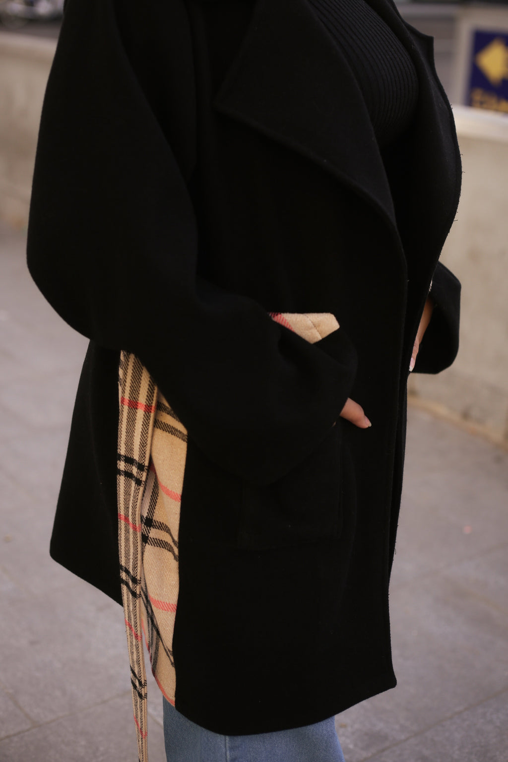 Black Wool Coat with Burberry-Style Details