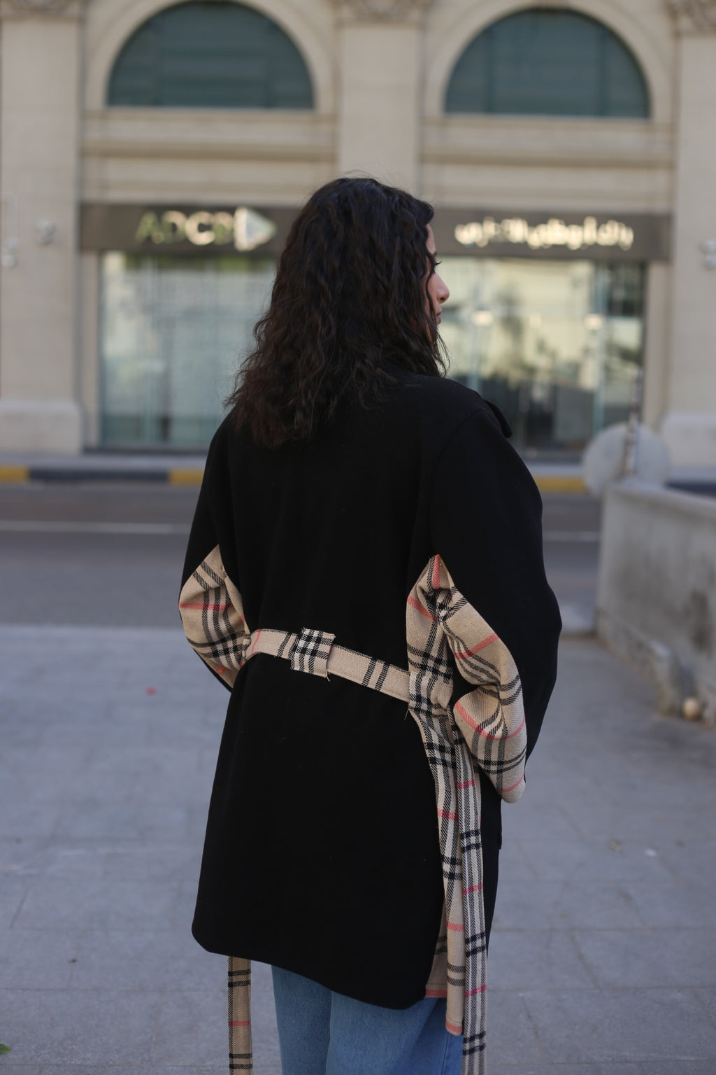 Black Wool Coat with Burberry-Style Details