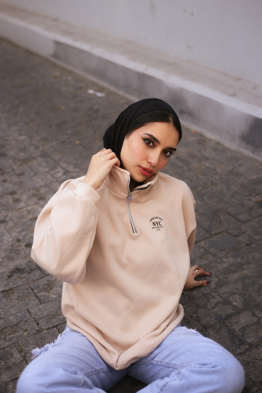 Beige High-Neck Hoodie